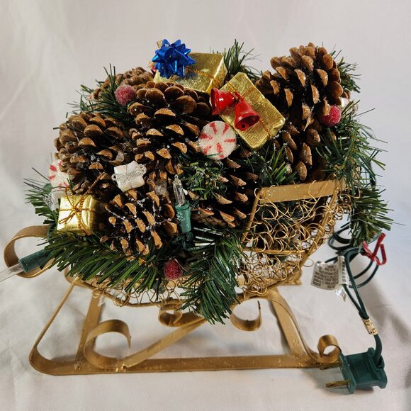 Pinecone Christmas Sleigh Lighted Gold and Christmas Mini Presents Faux Candies - Picture 2 of 13